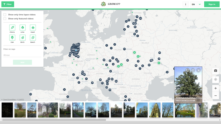 Screenshot van GrowApp.today met alle fotolocatie’s. Door linksboven in het scherm op ‘Filter’ te klikken kunnen alle time-lapse video’s getoond worden. Rechts bovenin is de taal te veranderen