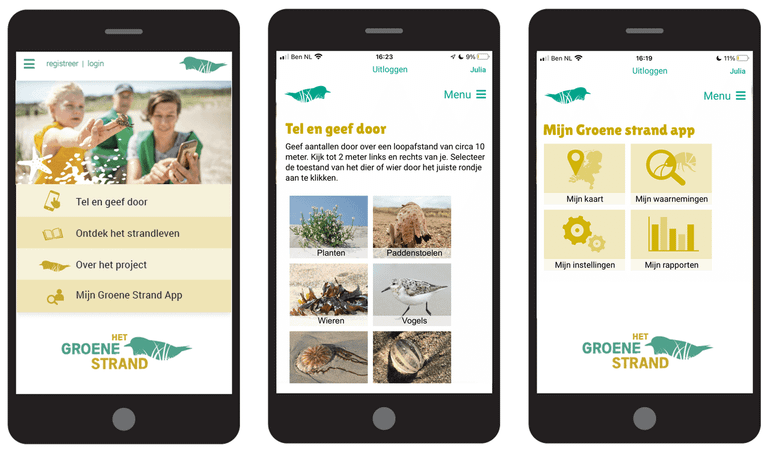 Enkele pagina's van de Groene Strand-webapp