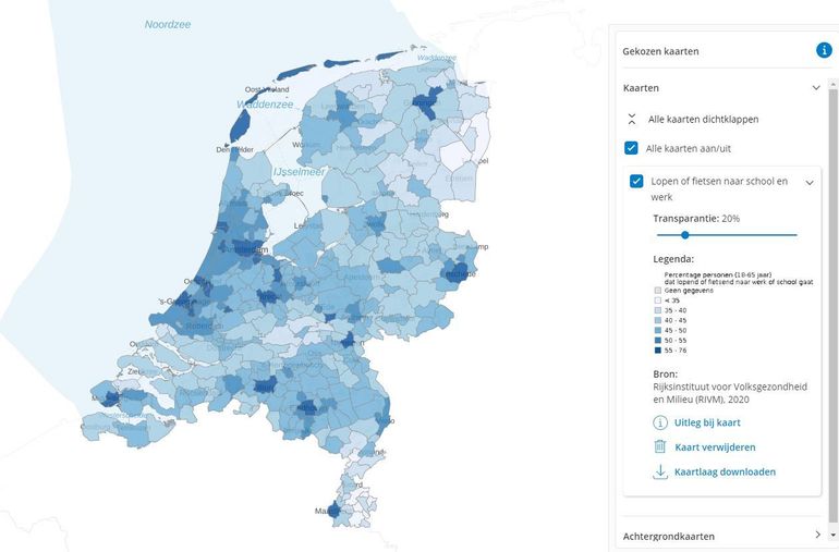 Op de kaart Lopen of fietsen naar je werk zie je dat Drenthe en Limburg het laagst scoren en de grote steden donkerblauw kleuren: daar gaat 50 tot 70 procent lopend en/of fietsend naar het werk