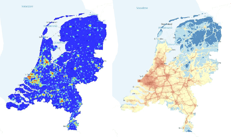 Links zie je steden rood oplichten op de kaart Stedelijk hitte-eiland en rechts zie je de steden oranjerood oplichten op de kaart Stikstofdioxide (2020)