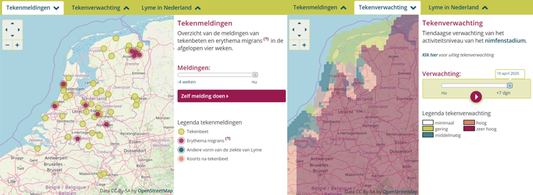 Locaties waar mensen een tekenbeet of de ziekte van Lyme hebben doorgegeven in de afgelopen week (links); de tekenactiviteitverwachting voor 10 april 2020 (rechts)