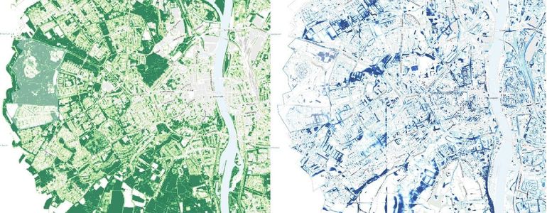 De Maastrichtse wijk Dousberg-Hazendans (links) staat in de top tien van de minst versteende buurten van Nederland (Natuur en Milieu 2022). Je ziet dan ook dat in deze groene wijk minder water op straat blijft staan na een extreme regenbui dan in andere Maastrichtse wijken. Groen werkt dus voor waterberging!