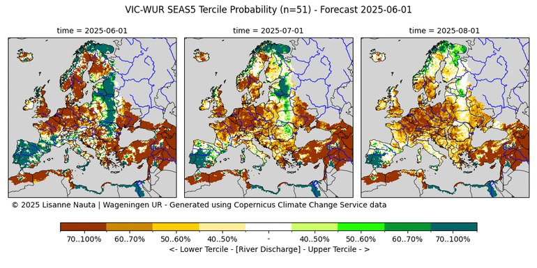 Kansverdeling van rivierafvoer in de categorieën laag, normaal en hoog (Tercile Probability). De tercielverdeling van de verwachte afvoer wijst op een verhoogde kans op (zeer) lage rivierafvoeren in Midden- en Noordwest-Europa. Dit duidt op een aanhoudend droogterisico in de regio. De analyse is gebaseerd op modelresultaten van het grootschalige hydrologische model VIC-WUR