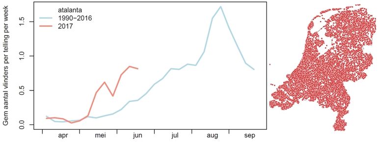 Het aantal atalanta's in de routes van het Landelijk Meetnet Vlinders. Rood = 2017, blauw is gemiddelde 1992-2016 en een kaartje met recente waarnemingen van atalanta
