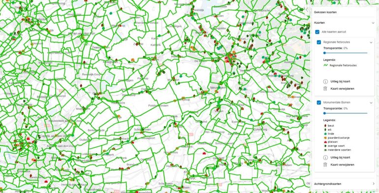 Combinatie Monumentale Bomenkaart met kaart Regionale fietsroutes