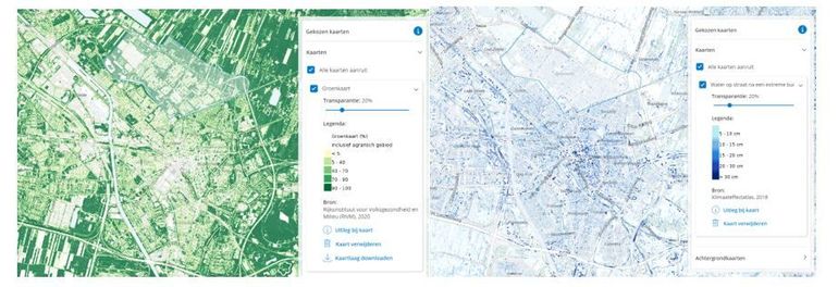 Op de Groenkaart uit de Atlas zie je dat de wijk Overvecht in Utrecht relatief groen is ten opzichte van andere wijken in Utrecht. Je ziet dan ook dat in deze wijk ook minder water op straat blijft staan na een extreme regenbui dan in andere wijken. Groen werkt dus voor waterberging!