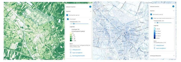 Op de Groenkaart uit de Atlas zie je dat de wijk Overvecht in Utrecht relatief groen is ten opzichte van andere wijken in Utrecht. Je ziet dan ook dat in deze wijk ook minder water op straat blijft staan na een extreme regenbui dan in andere wijken. Groen werkt dus voor waterberging!