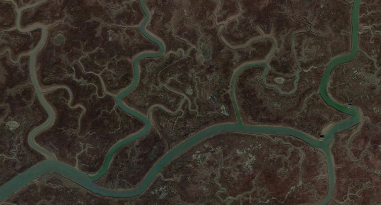 Aerial view of the mazy, fractal-like salt marsh landscape in 2016