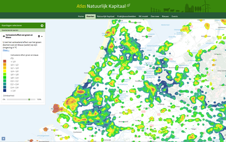 Het verkoelend effect van groen (bomen e.d.) en blauw (water) in stedelijke gebieden weergegeven in °Celsius