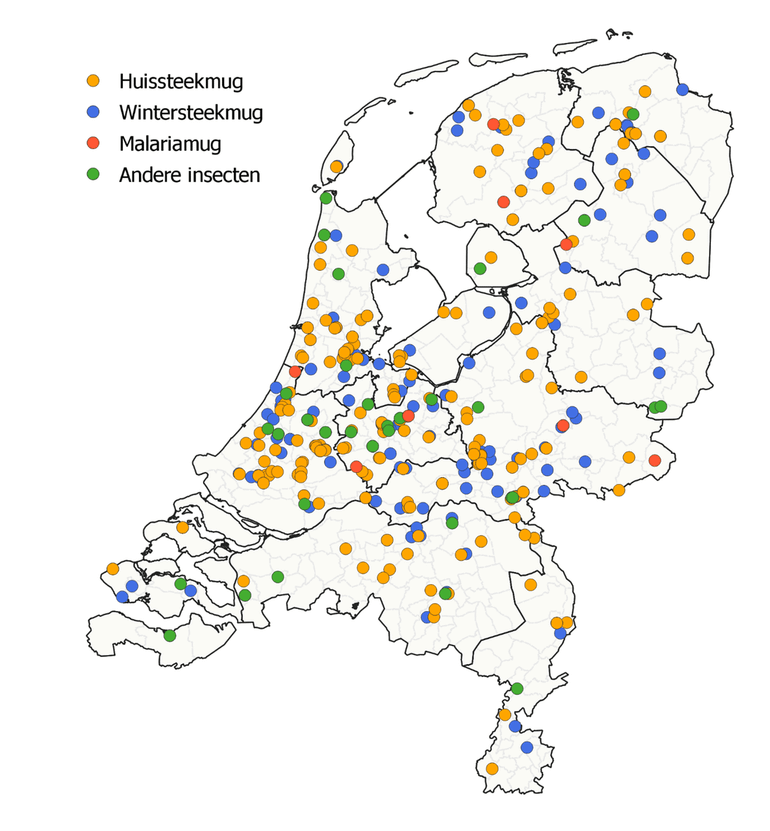 Figuur 2. Weergave van de kaart van Nederland met het overzicht van de steekmuggen en andere insecten die in oktober 2021 zijn opgestuurd