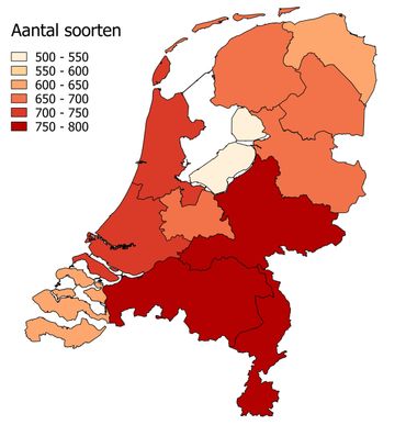 Kaart van aantal waargenomen soorten (micro en macronachtvlinders) per provincie