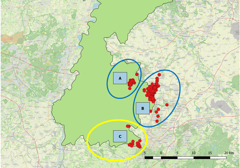 Ligging van de te onderzoeken Limburgse ringslangpopulaties (A=Brunssummerheide; B=Wormdal; C=Vaals en omgeving)