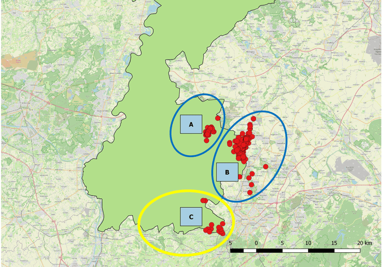 Ligging van de te onderzoeken Limburgse ringslangpopulaties (A=Brunssummerheide; B=Wormdal; C=Vaals en omgeving)