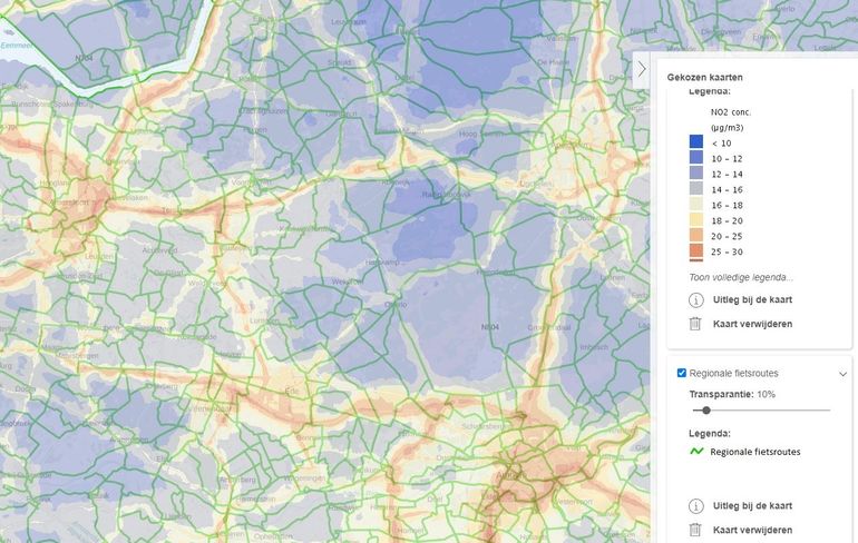Combinatie Regionale fietsroutes-kaart met Stikstofdioxide-kaart