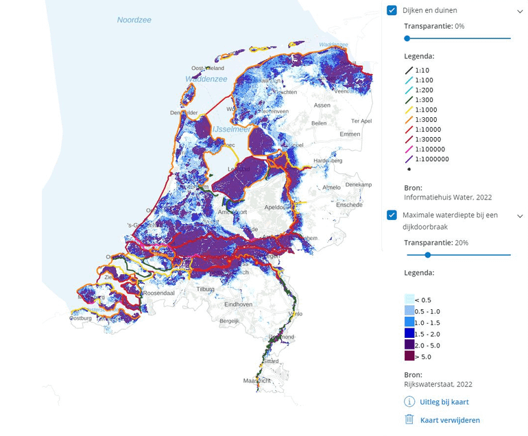 Kaart Maximale Waterdiepte bij een dijkdoorbraak gecombineerd met kaart Dijken en duinen 