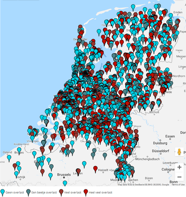 Alle waarnemingen van de mate van muggenoverlast die in 2018 tot en met 15 september door zijn gegeven via Muggenradar.nl