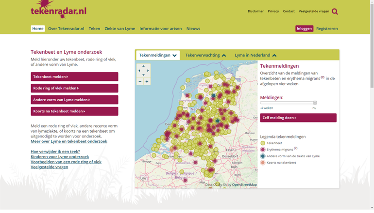 Screenshot van Tekenradar.nl op 15 juni 2019. De groene bolletjes zijn meldingen van tekenbeten in de afgelopen 7 dagen. De andere kleuren geven waarnemingen van de ziekte van Lyme of koorts na een tekenbeet weer