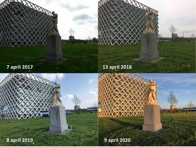 Standbeeld De Zaaier voor Atlasgebouw Wageningen University rond 9 april 2017, 2018, 2019 en 2020