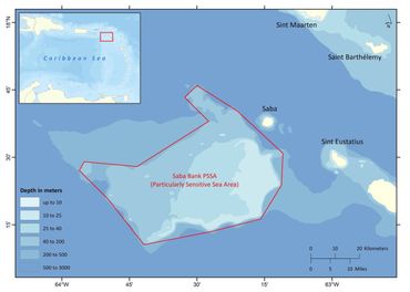 The Saba Bank is a large flat-topped seamount rising from a depth of 1.5 kilometers. It is considered as one of the world’s marine biodiversity hotspots. 