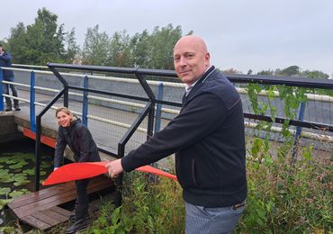 Gedeputeerde Mirjam Sterk en hoogheemraad Willem van der Steeg leggen rode loper uit voor otters bij otterpassage