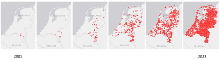 Verspreiding van de wespspin over Nederland van 2001 tot en met 2022