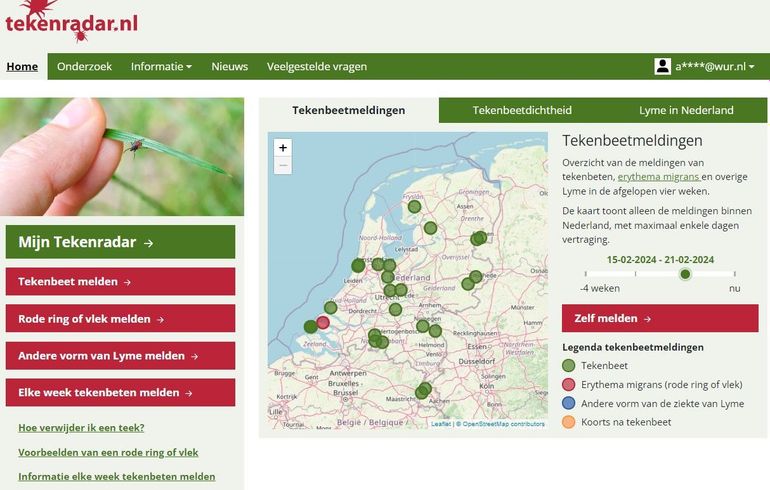 Screenshot van Tekenradar.nl met daarop de meldingen van tekenbeten en de ziekte van Lyme tussen 15 en 21 februari 2024