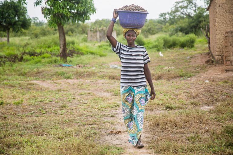 Vrouw in Burkina Faso draagt sheanoten op haar hoofd