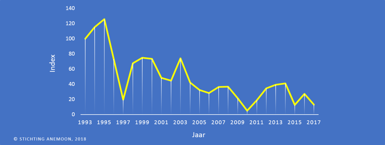 Afname van het aantal aangespoelde Gewone slibanemonen langs de Noordzeekust, gebaseerd op tellingen gedaan in het kader van het Strandaanspoelsel Monitoring Project