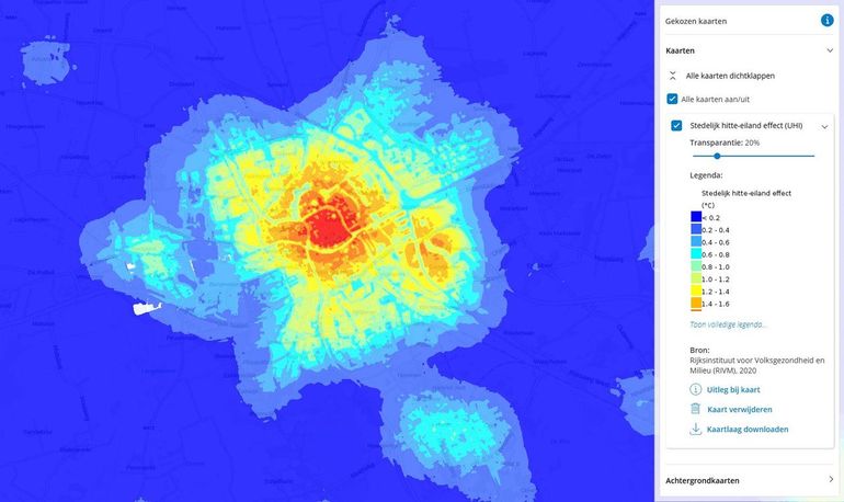 Als we Groningen op de kaart 'Stedelijk hitte-eiland effect' bekijken, zien we duidelijk het versteende centrum rood oplichten. In de gebieden eromheen is het koeler