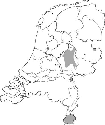 Verspreiding van het vliegend hert in Nederland, in grijs worden de vier leefgebieden aangegeven, de vraagtekens geven gebieden (Holterberg, Utrechtse Heuvelrug en Sint Odilienberg) aan waarvan het onduidelijk is of er populaties aanwezig zijn