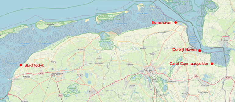 Overzicht van de vier onderzoeklocaties langs de Waddenzeekust