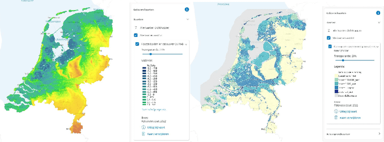 Links: de kaart Hoogte bodem en gebouwen. Rechts: de kaart Kans op een overstroming vanuit zee, meer of rivier. Hoe donkerder de kleur blauw in de kaart, hoe groter de kans op een overstroming. 