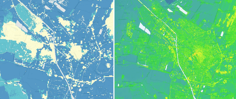 Links: Utrecht op de kaart Kans op een overstroming vanuit zee, meer of rivier. Rechts: Utrecht op de kaart Hoogte bodem en gebouwen en 