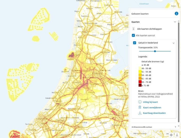 Geluid van weg-, trein- en vliegverkeer, windturbines en industrie, boven water