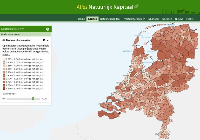 Biomassa bermmaaisel: potentiële hoeveelheid bermmaaisel (kton per jaar) langs wegen buiten de bebouwde kom in een gemeente