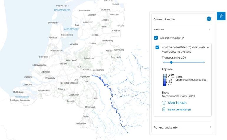 Kaart maximale waterdiepte - grote kans Noordrijn-Westfalen 