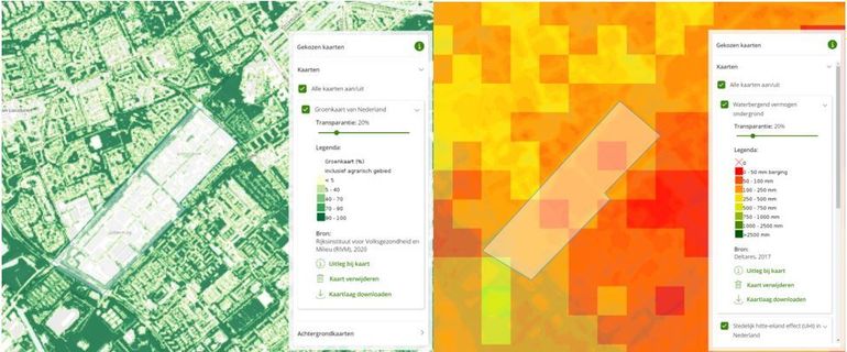Op de Groenkaart op de Atlas Leefomgeving zie je het bedrijventerrein ZKD in Den Haag grijs oplichten in een relatief groene omgeving. Op de kaart Waterbergend vermogen ondergrond zie je aan de rode kleur dat er op Zichtenberg en Kerketuinen niet veel water kan worden opgenomen