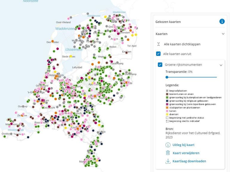 Kaart Groene rijksmonumenten. Klik op de afbeelding van de kaart om de kaart te kunnen bekijken