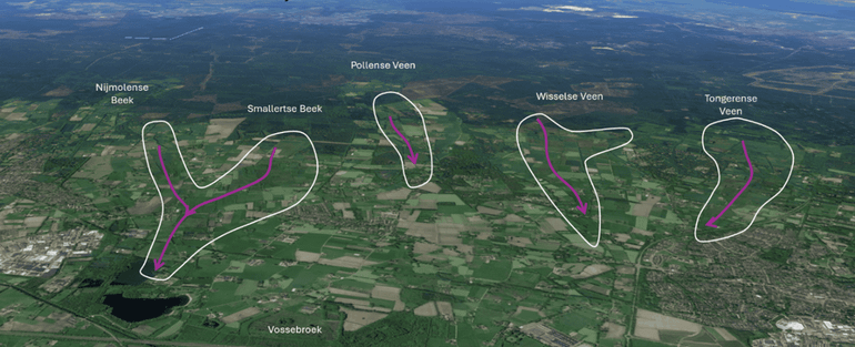 Doorstroomvenen op de oostflank van de Veluwe bij Epe en Emst. Op de voorgrond de overgang naar de broekgebieden (laagveenmoerassen)