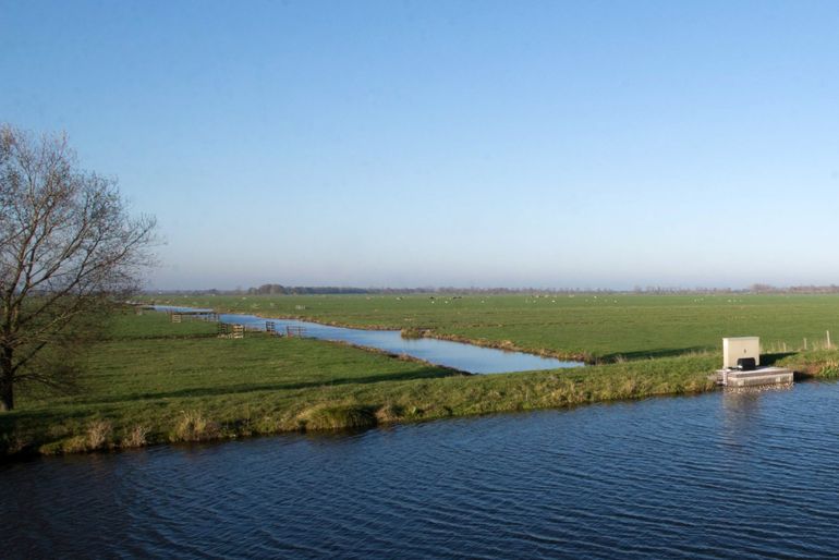 Akker met slootjes en watergemaal