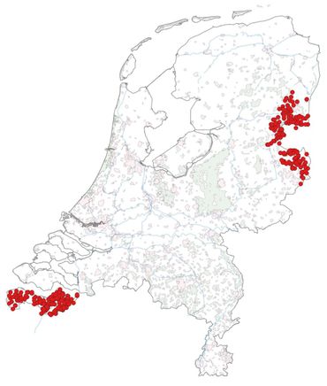 Verspreiding van de veldspitsmuis op basis van braakbalvondsten vanaf 1994
