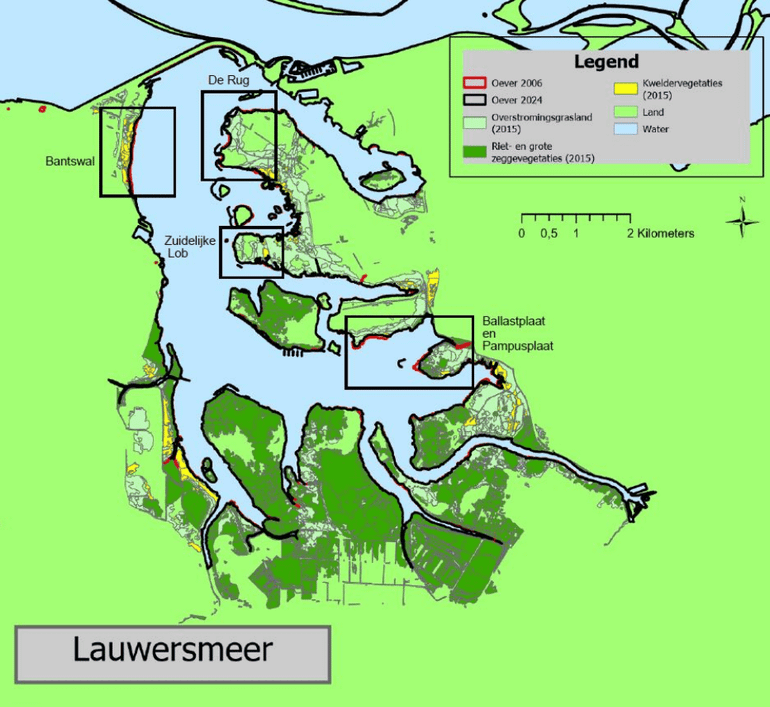 Figuur 1: Lauwersmeer met vijf hotspots oeverafslag