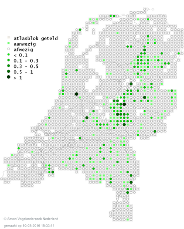 Voorlopige verspreiding sijzen Vogelatlas 2013-2015