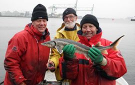 Visser Piet Ruijter (m), Martin Melchers (r) en Geert Timmermans (l) met de diamantsteur