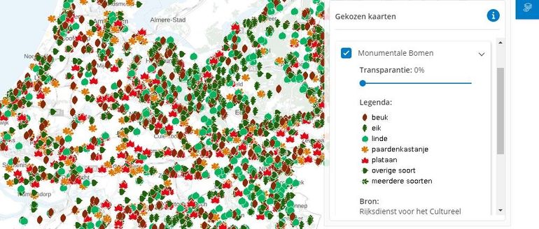 Kaart Monumentale Bomen. Klik op de afbeelding en kijk welke monumentale bomen er in jouw buurt staan