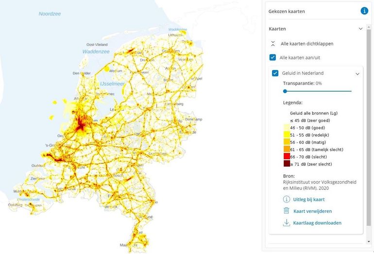 Kaart Geluid in Nederland: hoe roder een gebied kleurt, hoe meer geluid
