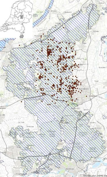 Vindplaatsen van het vliegend hert op de Veluwe, de landelijke verspreiding is linksboven weergegeven