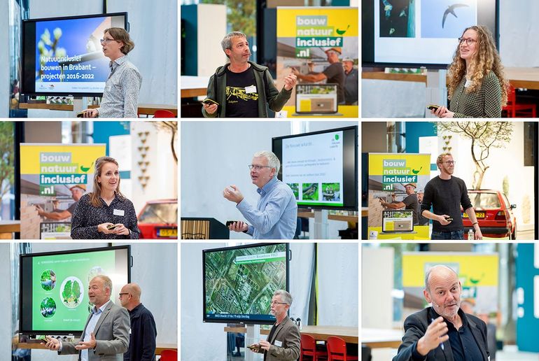 Sprekers op het Natuurinclusief Bouwen Symposium. Van links naar rechts. Boven: Stefan Vreugdenhil (Vogelbescherming), Mischa Cillessen (Tilburg), Vita Hommersen (Zoogdiervereniging). Midden: Noor Aghina (Synchroon), Ronald Buiting (Buiting Advies), Pjotr van Kan (KAN creations). Onder: Berend Hofman (Common Affairs) & Wander van der Kolk (IVN), Marcel Steeghs (SVP), Frank van Pamelen (dagvoorzitter)