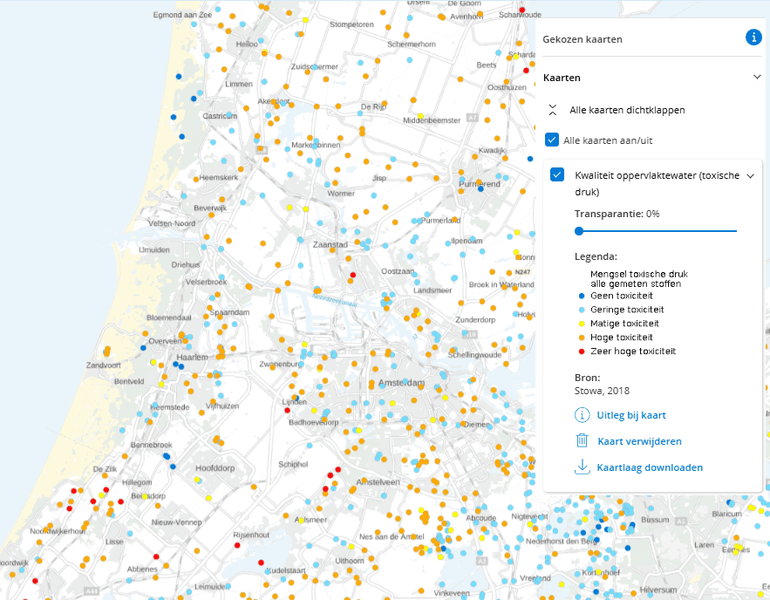 Kaart Kwaliteit oppervlaktewater (toxische druk): indicatie van de kwaliteit van het oppervlaktewater in en rond de hoofdstad op basis van toxische druk