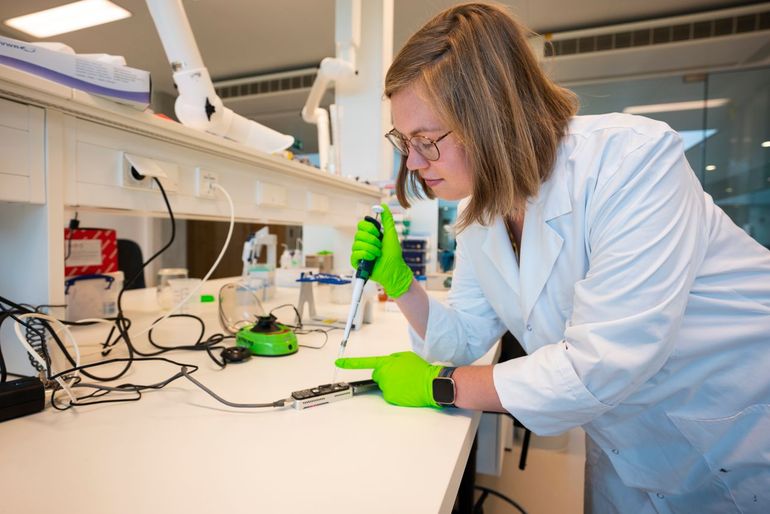 Voor de relatief nieuwe techniek van Nanopore-sequencing heb je niet veel nodig. Het DNA uit bijvoorbeeld een stukje blad kun je bijna direct aflezen, zonder het eerst te vermenigvuldigen (met PCR). Het apparaatje trekt de DNA-streng door een klein gat (porie) in een membraan, waarbij iedere nucleotide of &lsquo;letter&rsquo; van de DNA-code een iets ander elektrisch signaal veroorzaakt